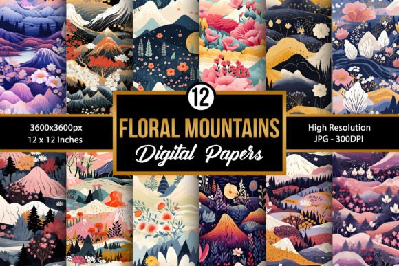 Floral Mountains Digital Paper Patterns