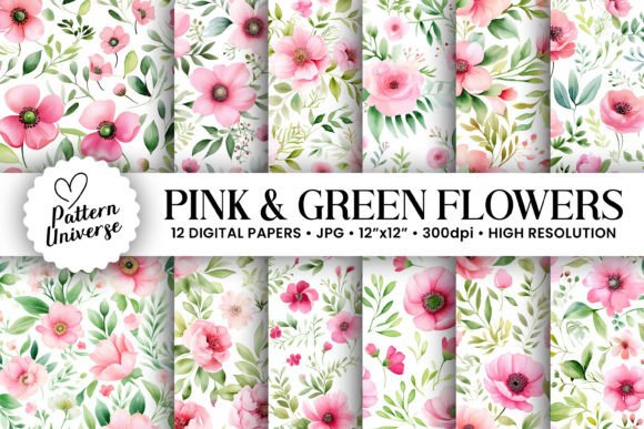 Pink Green Watercolor Flowers Patterns