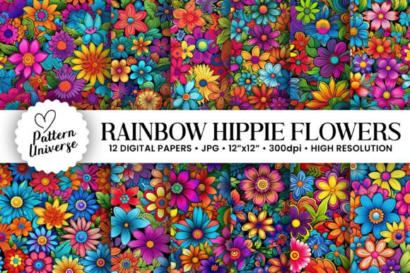 Rainbow Hippie Flowers Seamless Patterns